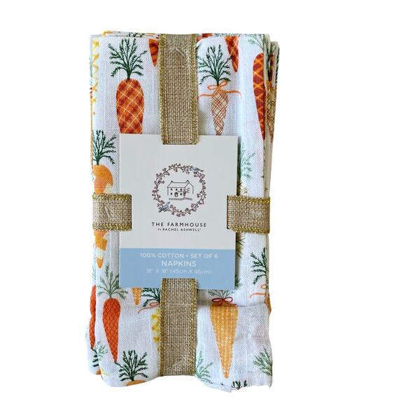 The FARMHOUSE by Rachel Ashwell Plaid Carrots Cloth Napkins Set Of 6 Easter New - Picture 1 of 10